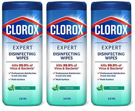 Clorox Expert Disinfecting Wipes Fresh Scent With Moisture Lock Lid, Multi-Surface Bleach Free Cleaning Wipes, 30 Wet Wipes, Bundle Pack of 3