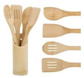 Generic 4Pcs + 1Holder Bamboo Wooden Cooking/Serving Spoons