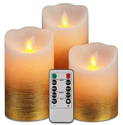 LED Flameless Candles Golden real wax pillar tea candle with Flickering Wick Effect operated by battery with timer remote home wedding decor Pack of 3