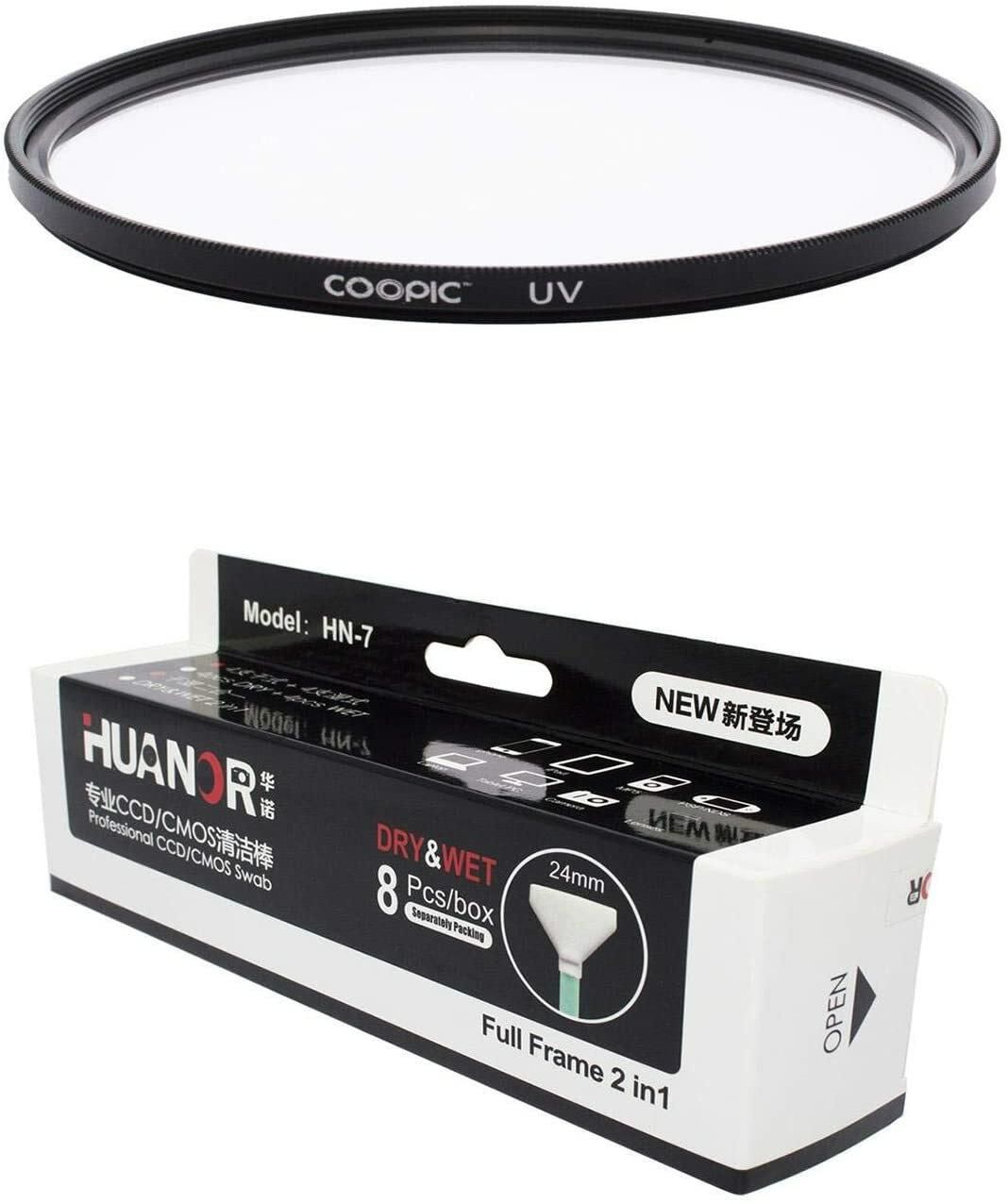 Coopic 55mm Uv Lens Protective Filter With 8Pcs Huanor Hn7 24mm Dry &amp; Wet Professional Ccd/cmos Swab Camera Sensor Cleaner For All Cameras