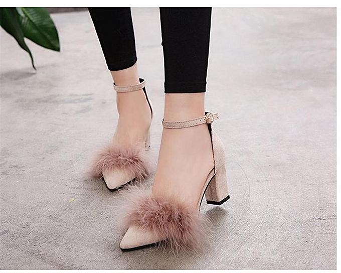 Fashion Women Flurry Fur Block High Heel Pointy Toe Ankle Strap Sandals Suede Leather-EU