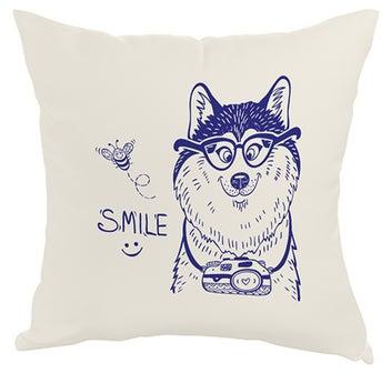 Smiley Dog Square Shaped Throw Pillow White/Blue 40 x 40cm