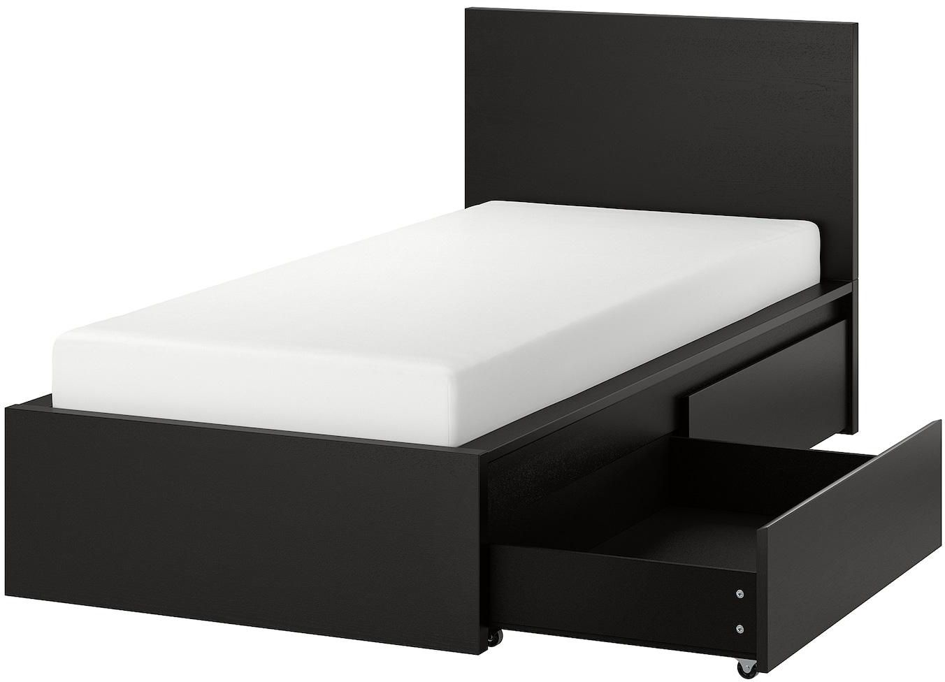 MALM هيكل سرير، عالي، مع صندوقي تخزين - أسود-بني/Lindbåden ‎90x200 سم‏