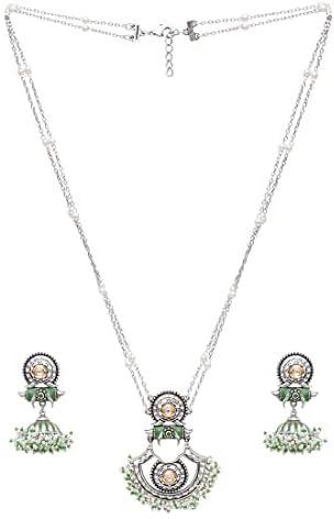 VOYLLA Festive Hues Green Enamel Faux Pearls Adorned Brass Silver Plated Jewellery Set, Onesize, Brass, No Gemstone