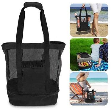 حقيبة يد واسعة بتصميم شبكي كبير يُغلق بسحّاب مناسبة للشاطئ ومزودة بحقيبة تبريد عازلة للحرارة
