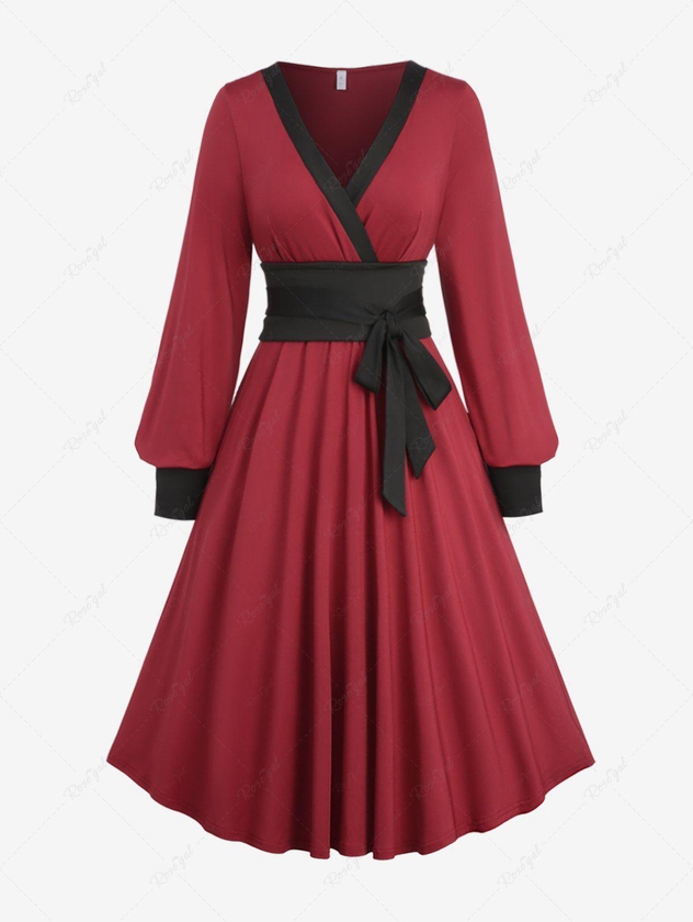 Plus Size Surplice Ruffles Bishop Sleeve A Line Chinese Style Dress with Bowknot Tie Belt - L | Us 12