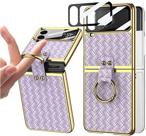 for Samsung Z Flip 4 Case Built-in Lens Protector, Luxury Z Flip 4 Case with Ring Holder, Electroplated Frame + PU Woven Texture Cover Anti-Drop Shockproof Case for Samsung Galaxy Z Flip 4 5G - Purple