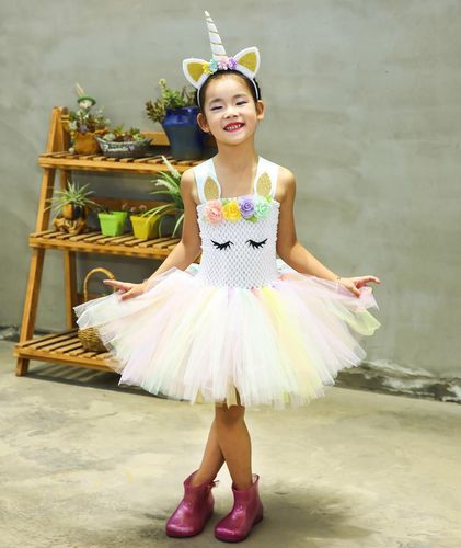 Kids Girl Fancy Rainbow Unicorn Tutu Dress Princess Party Pageant Casual Costume 