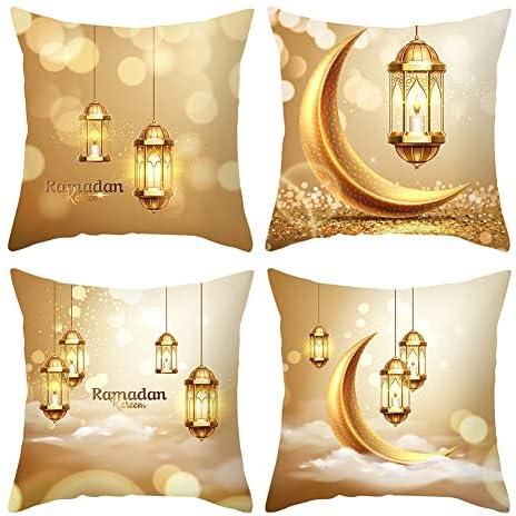 BYNYXI 4 x Ramadan pillowcases, 45 x 45 cm, cushion cover, Eid Mubarak Eid Ramadan cushion covers, golden moon star lantern cushion cover, Muslim sofa pillowcase, Eid