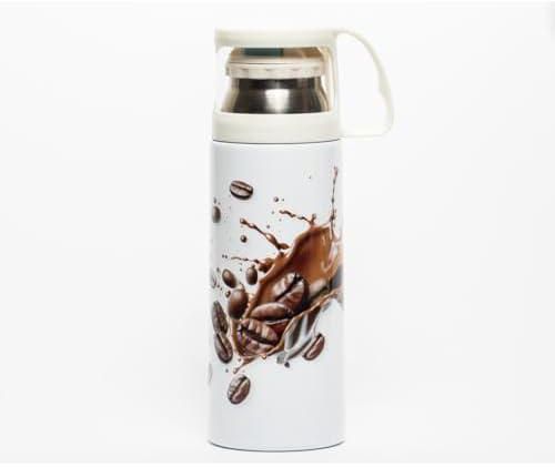 Stainless Steel Double Walled Vacuum Flask 350ml with cup Keeps Hot or Cold Splash Coffee Design with Coffee Beans