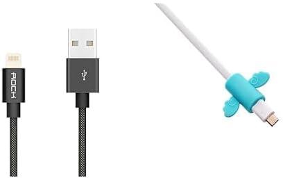 Rock lightning metal charge cable - 1000 mm, black + Silicone Cable Protector With Wings Design For Your Charging Cord - Turquise