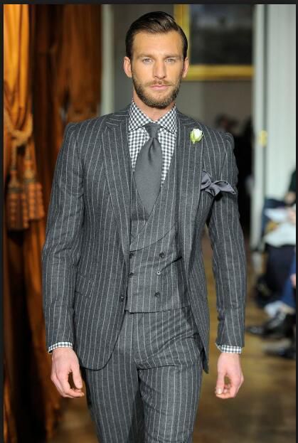 Grey Stripes Men's Suit Slim Fit 3 Piece Tuxedo Plus Size Suit