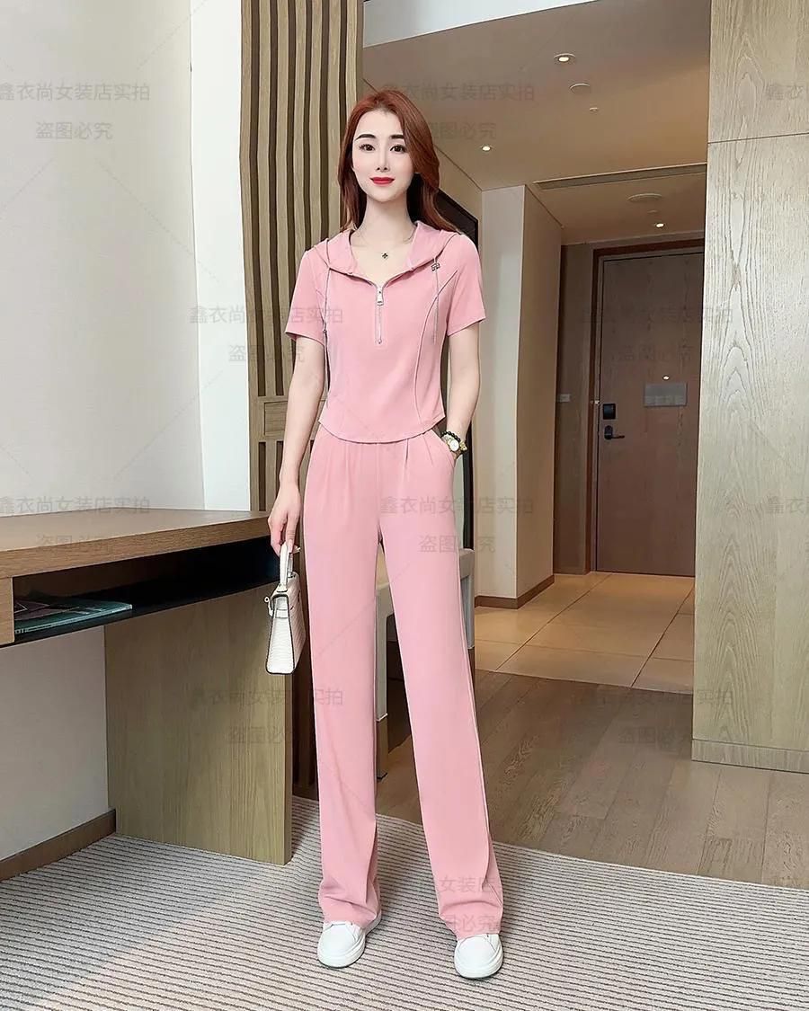 New Product Selection 2023 European Station Summer New Western Style Age Reducing Fashion Sports Set Women's Hooded Short Sleeve High Waist Wide Leg Pants Two Piece Set