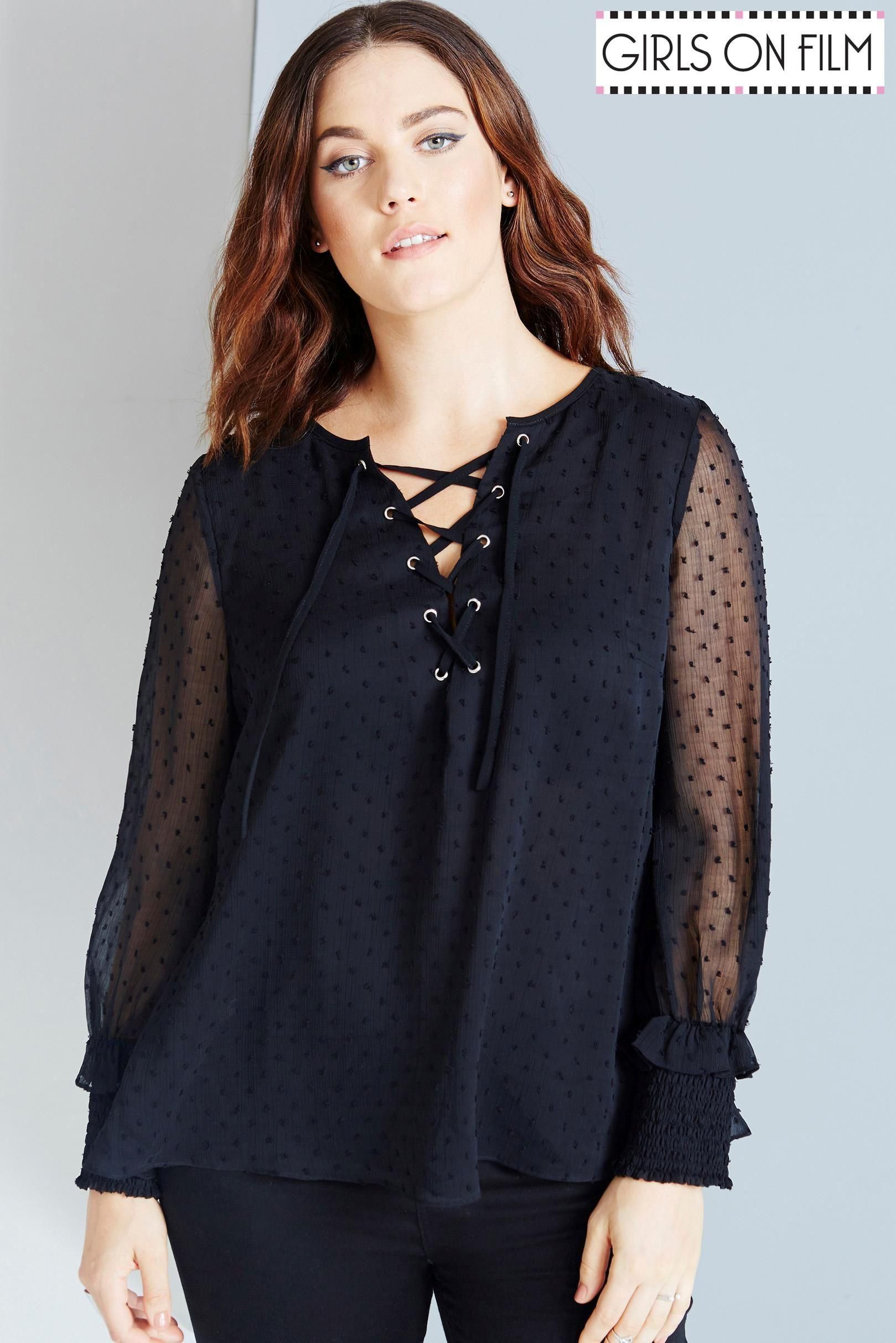 Girls On Film Curve Polka Dot Lace-up Blouse