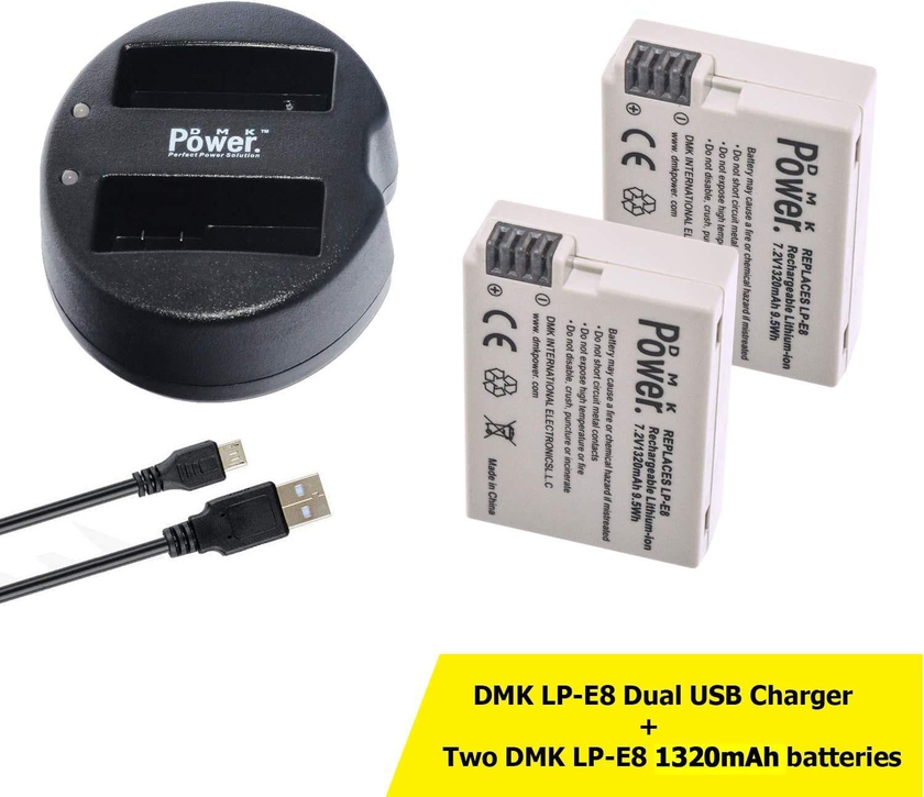 DMK Power LP-E8 Replacement Battery (2-Pack) 1320mAh Batteries and Dual USB Charger Kit for Canon EOS Rebel T2i T3i T4i T5i EOS 550D EOS 600D EOS 650D EOS 700D DSLR Digital Cameras