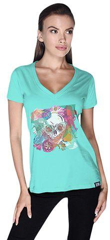 Creo Floral Skull Retro T-Shirt for Women - L, Green
