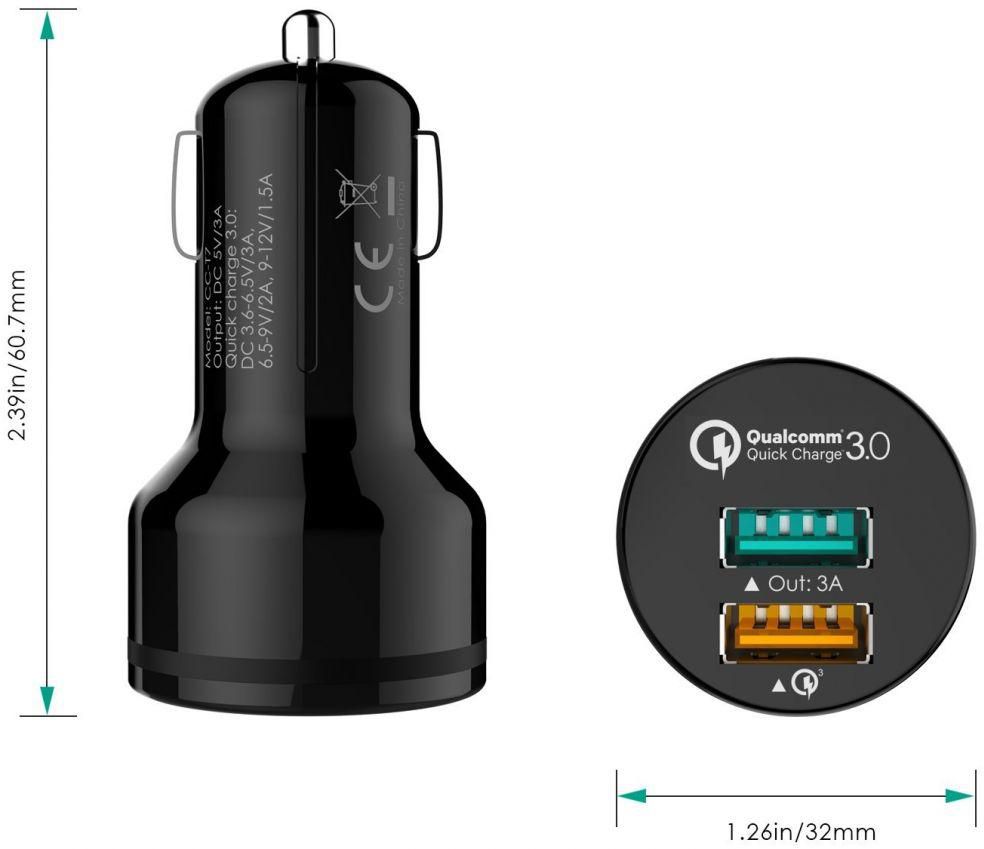 Aukey CC-T7 Qualcomm Quick Charge 3.0 Dual-Port Car Charger With Micro-USB Cable