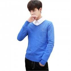 Men's Casual Solid Soft Knitted Long Sleeve V-Neck Sweater - Azure - Xl