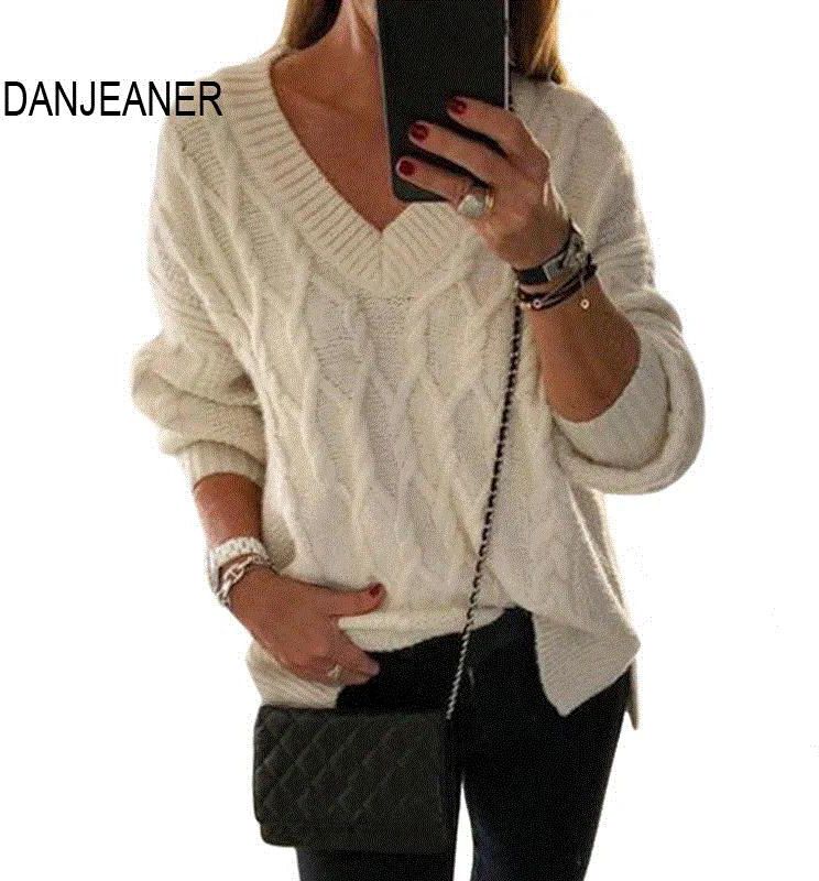 2021 High quality DANJEANER New V Neck Retro Twisted Long Sleeve Knitted Pullovers Autumn Winter Warm Plus Size Sweater Solid Knitting Jumper Tops