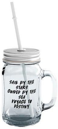 Destiny And Travel Quote Printed Mason Jar With Straw Clear/Black/Silver 15ounce