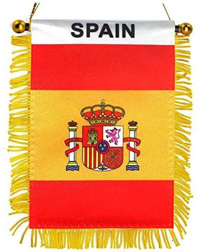 BPA 4 X 6 Inch Spain Fringy Window Hanging Flag - Mini Flag Banner & Car Rearview Mirror Décor - Fringed Spanish Hanging Flag with Suction Cup