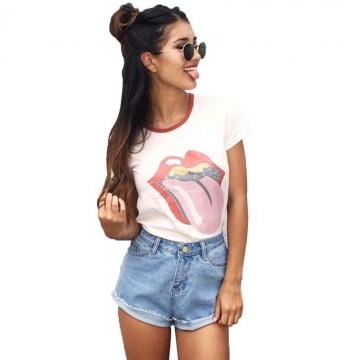Fashion Women Red Lips T-shirt Printed Tops Short Sleeve Loose Fit Casual T-shirts white s