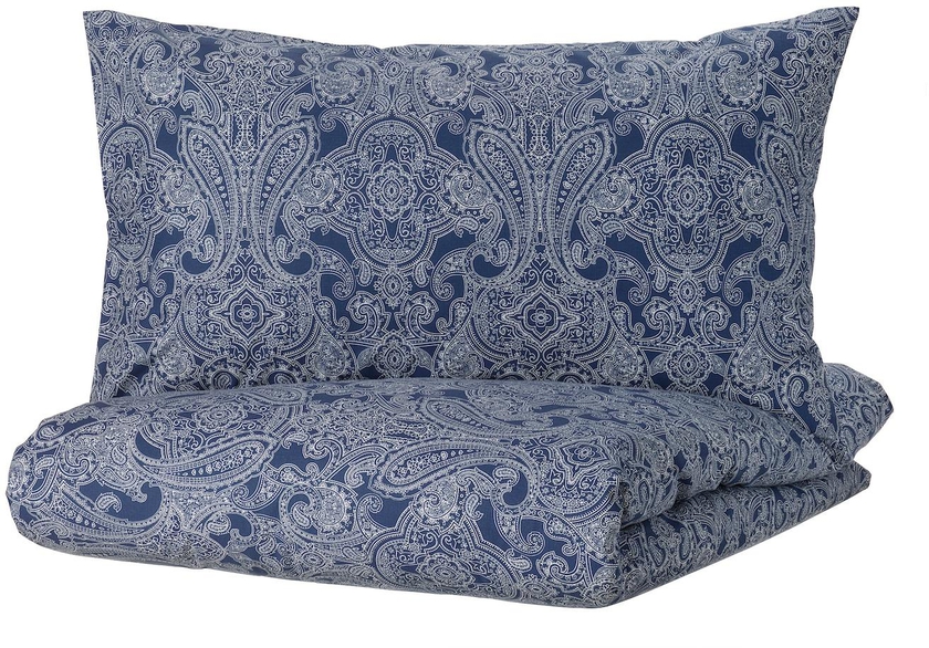 JÄTTEVALLMO Duvet cover and 2 pillowcases - dark blue/white 240x220/50x80 cm