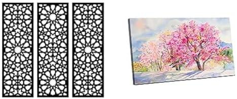Bundle Home gallery arabesque wooden wall art 3 panels 80x80 cm + Canvas Wall Art, Abstract Framed Portrait of Wild himalayan cherry in the morning 60 W x 40 H x 2 D