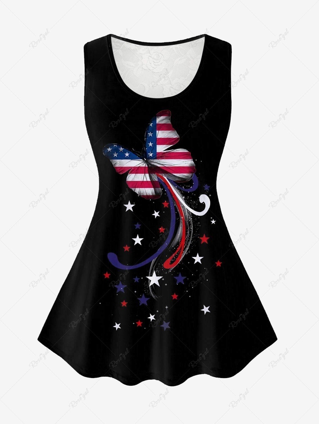Plus Size Butterfly American Flag Stars Printed Lace Panel Patriotic Top - 5x | Us 30-32
