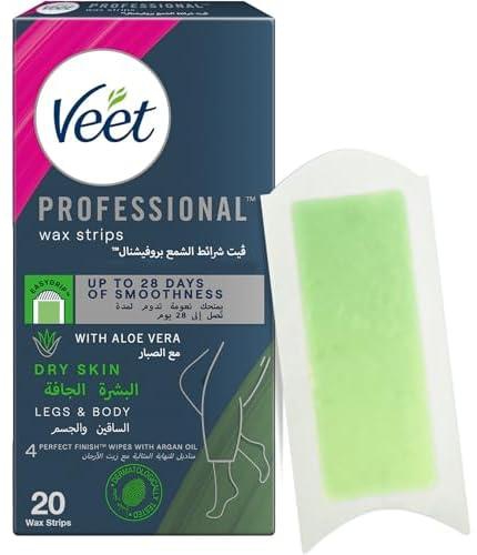 Veet Hair Removal Easy-Gel Wax Strips Body & Legs for Dry Skin, Nourishing Aloe Vera & Green Tea Scent – 20 Wax Strips