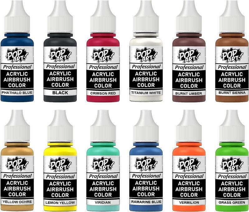 Pop Art Acrylic Airbrush Colors Paint - Set Of 12 Colors 30 ml