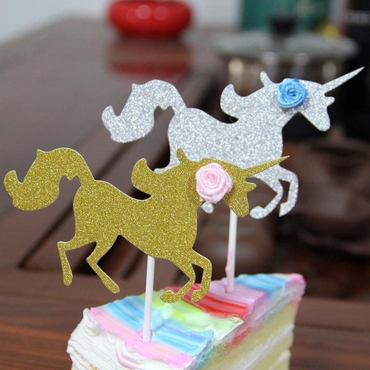 Glitter Paper Unicorn Happy Birthday Carving Cake Flag Baking Decorative