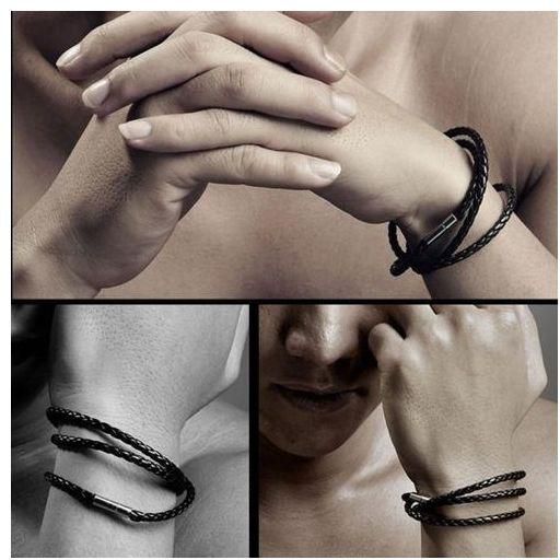 Eissely New Men Fashion Leather Bracelets Charm Bangle Handmade Round Rope BK