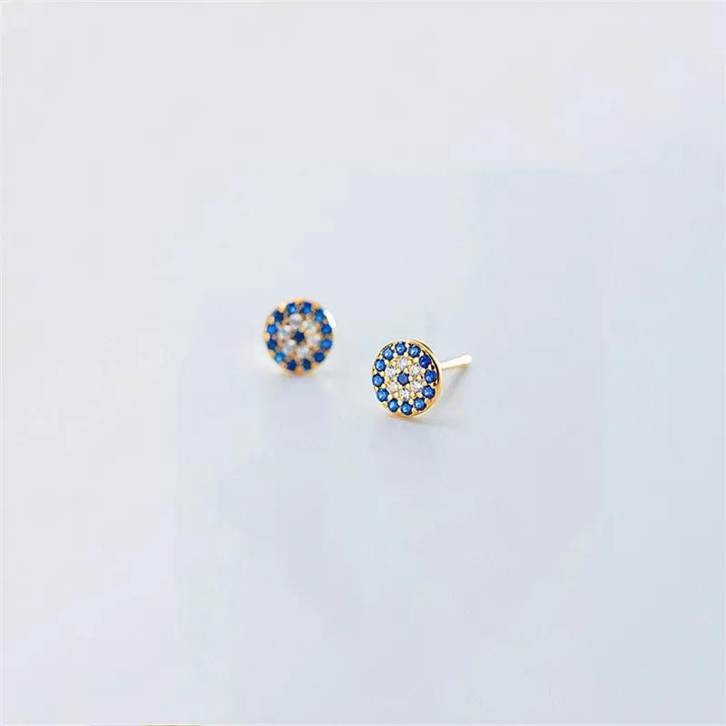 Round Stud Earrings real 925 Sterling Silver Talisman Blue Eyes Gold Color Fashion Jewelry Accessories  gift