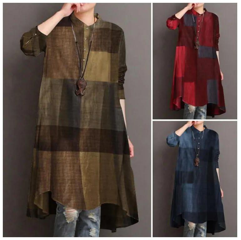 Button stand collar cotton and linen printed literary leisure loose long-sleeved long plaid shirt.