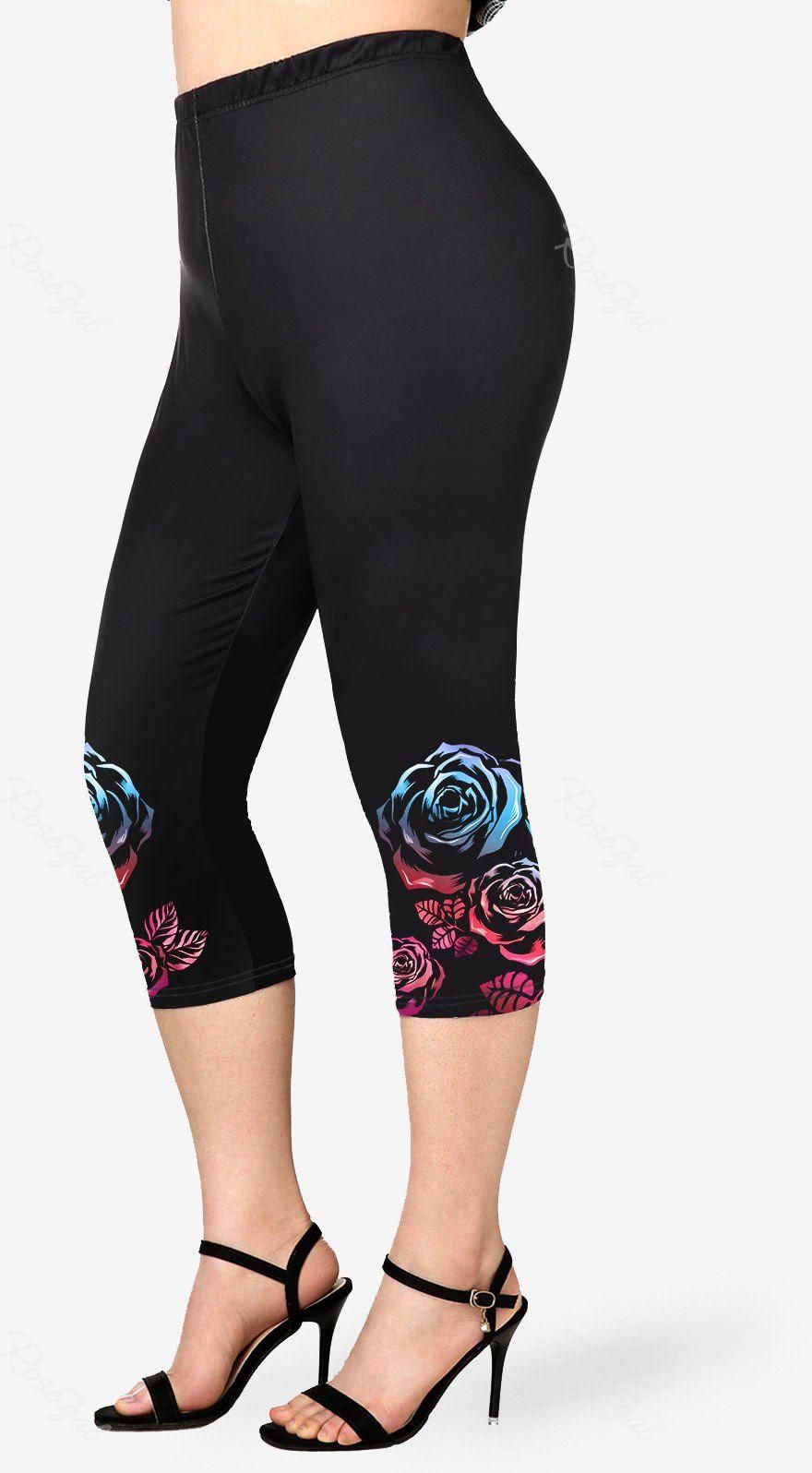 Plus Size High Waist Rainbow Rose Print Capri Leggings - S | Us 8