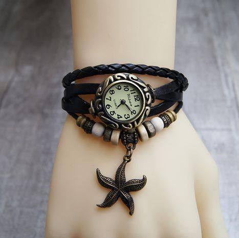Leather Hand Knit Vintage Watches,bracelet Wristwatches Starfish Pendant(black)