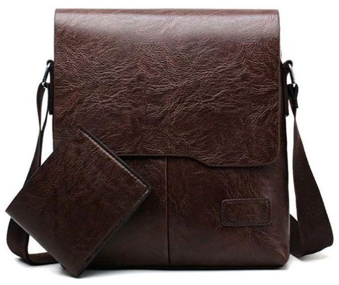 Fashion 2pcs Men's Shoulder Bag+Wallet,Leather Business Briefcase,Travel Bag-Brown