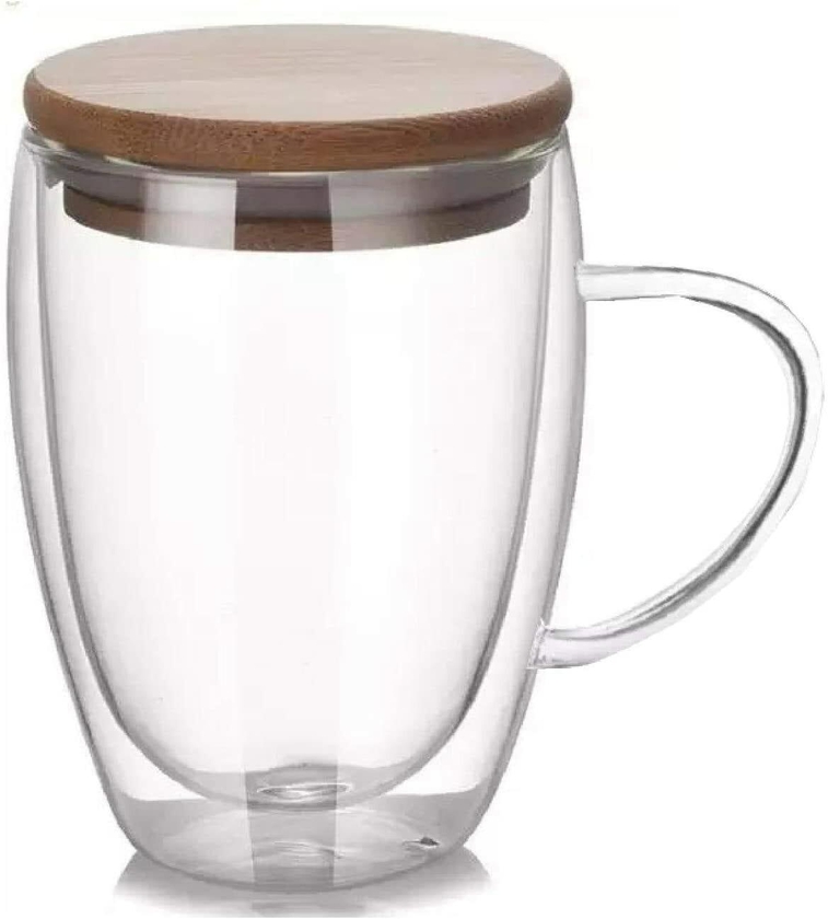 Lushh Double Walled Glass Coffee Cups with Handle and with Bamboo Lid 350ml , Insulated Coffee Mugs Perfect for Cappuccino, Macchiato, Latte, Tea, Juice, Iced &amp; Hot