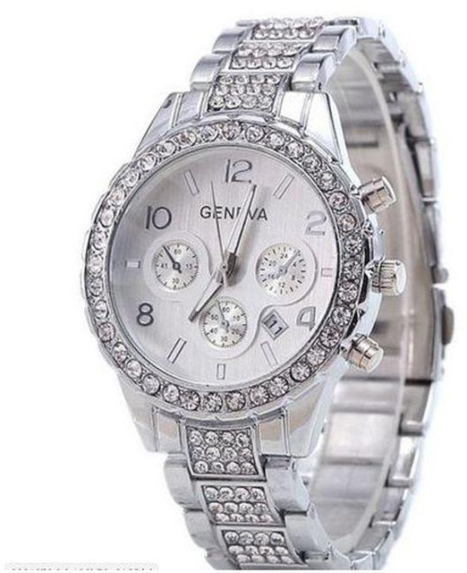 Geneva Wrist Watch With New Fashion Rhinestone Studded Watch-Silver