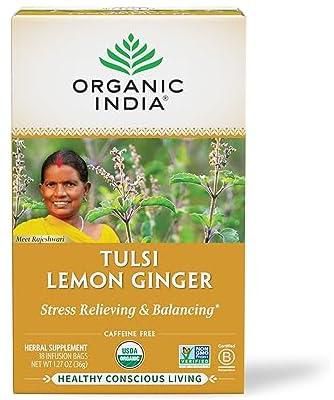 ORGANIC INDIA Tulsi Lemon Ginger Herbal Tea - Stress Relieving & Reviving, Immune Support, Certified Non-GMO, Caffeine-Free - 18 Infusion Bags, 1 Pack, 18 Count (Pack of 1)