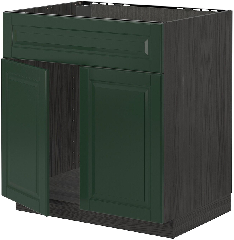 METOD Base cabinet f sink w 2 doors/front, black, Bodbyn dark green, 80x60 cm
