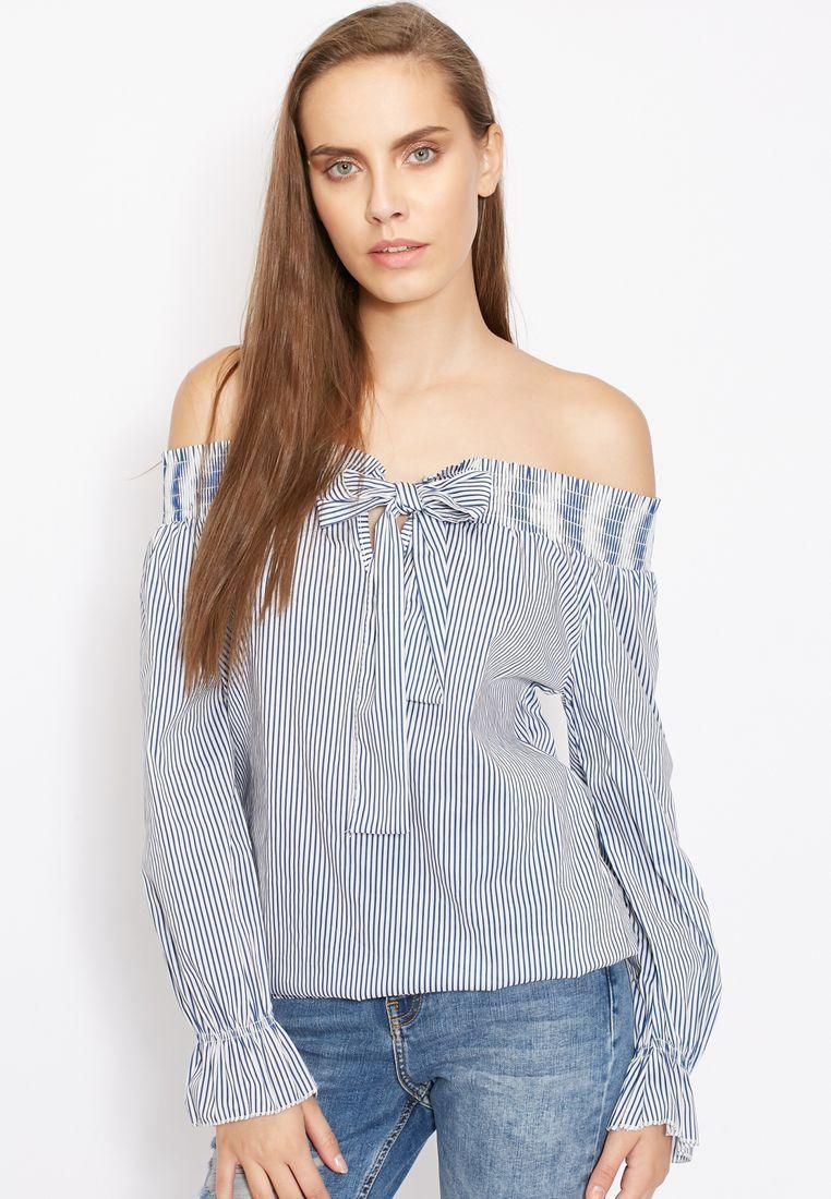 Striped Tie Front Bardot Top