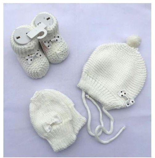 Set Of Knitted Cap, Baby Booties & Baby Gloves