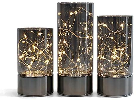 Rhytsing Set of 3 Glass Cylinder Lanterns with Fairy Lights, Decorative Table Lamp Flameless Candle with Timer Function