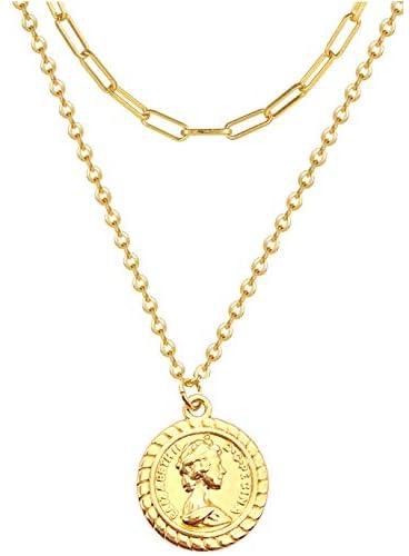 Long tiantian Layered Coin Necklace for Women- 14k Gold Plated Queen Elizabeth Medallion Paperclip Chain Vintage Mother's Day Valentine's Day Couples Dainty Necklace for Women…
