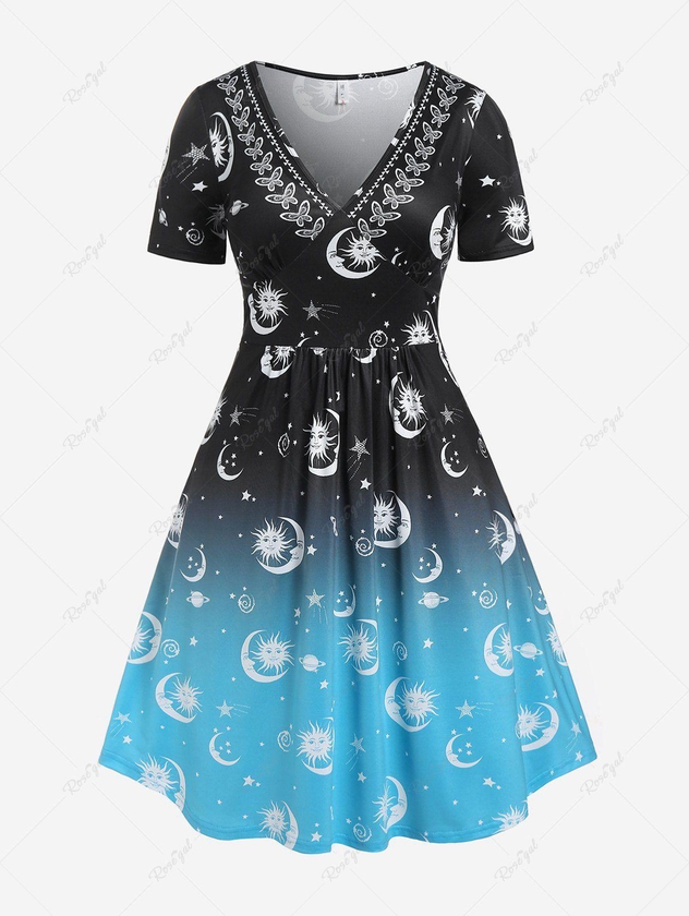Plus Size Plunge Sun Moon Print Ombre Color Flared Midi Dress - L | Us 12