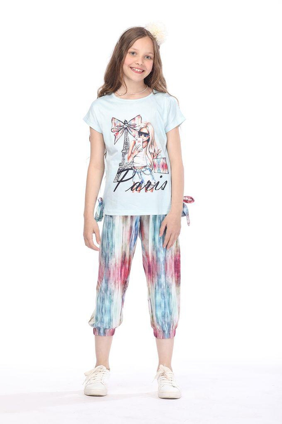 Ktk Turquoise T-Shirt With Multi Color Pants Pajama For Girls