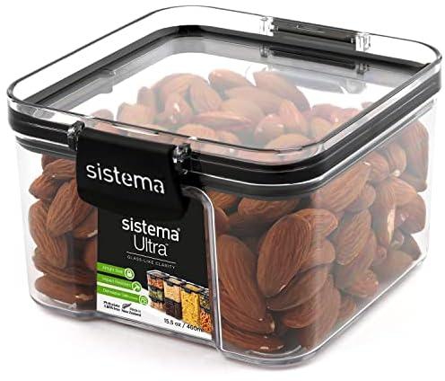 Sistema Ultra Tritan Airtight Pantry Storage Container | 460 ml Square Food Storage Container | Stackable | with Locking Clips | BPA-Free | Clear with Black Accents