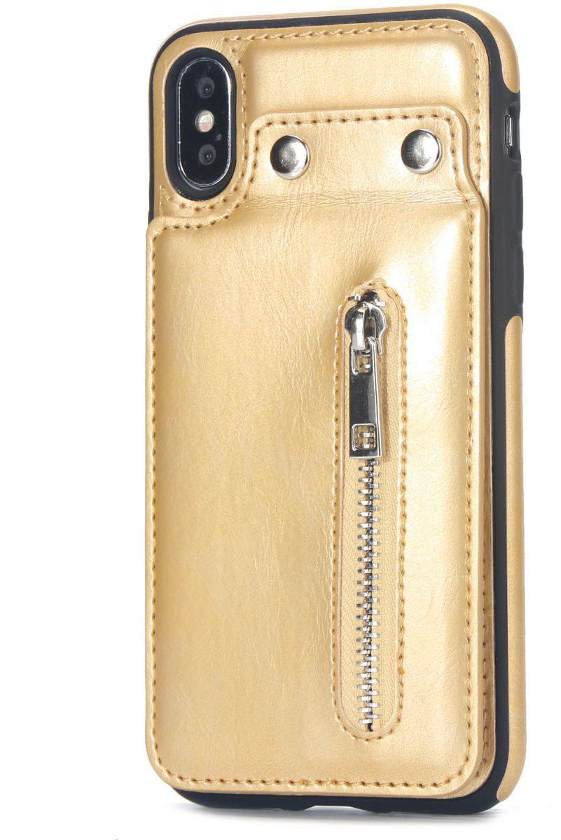 iPhone XS Zipper Wallet Case, iPhone XS Leather Case, Credit Card Holder Slot Cases with Money Pocket, Protective Cover for apple iPhone X/ XS-Gold